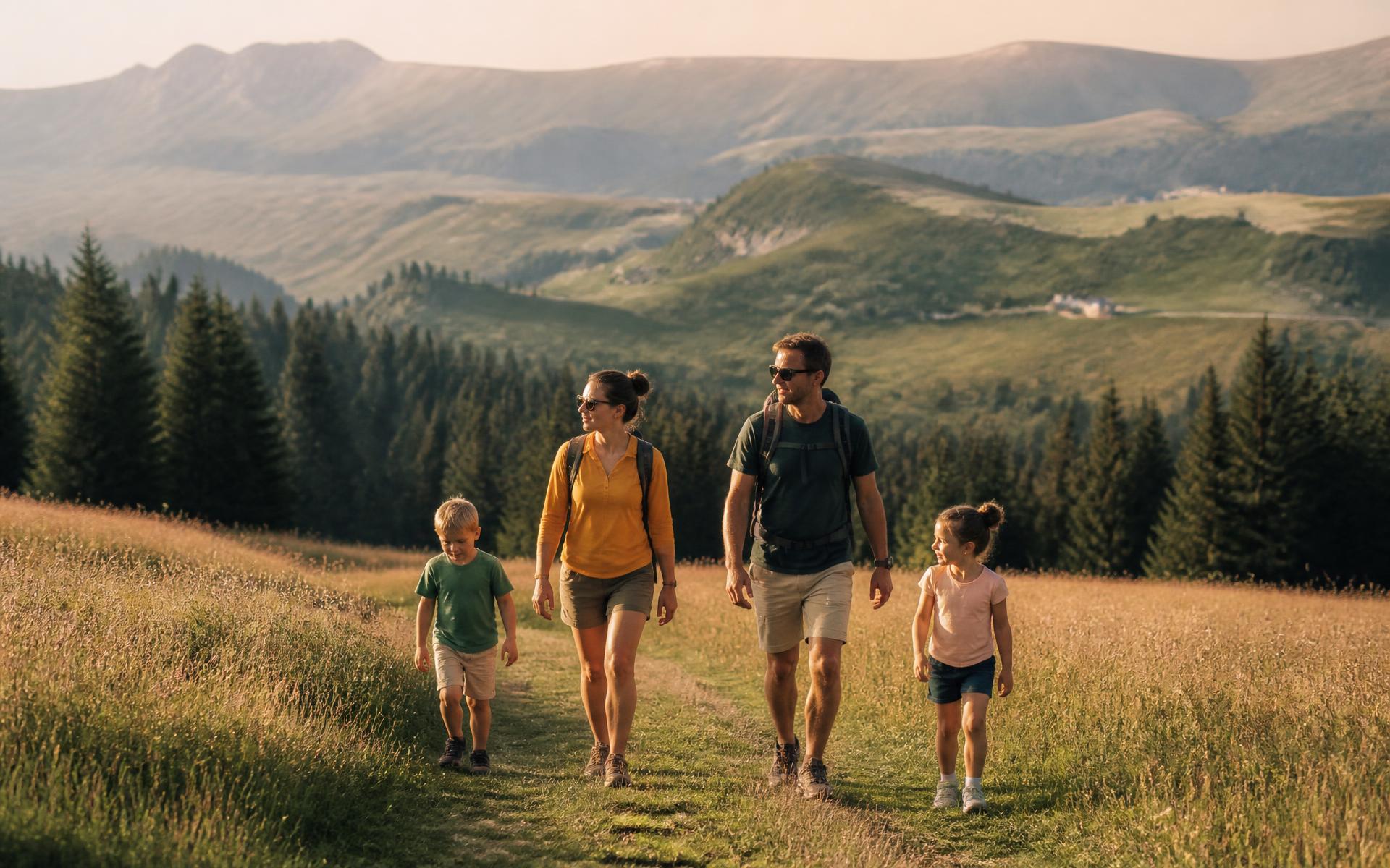 Famiglia in cammino su un sentiero dell'Altopiano di Asiago al tramonto